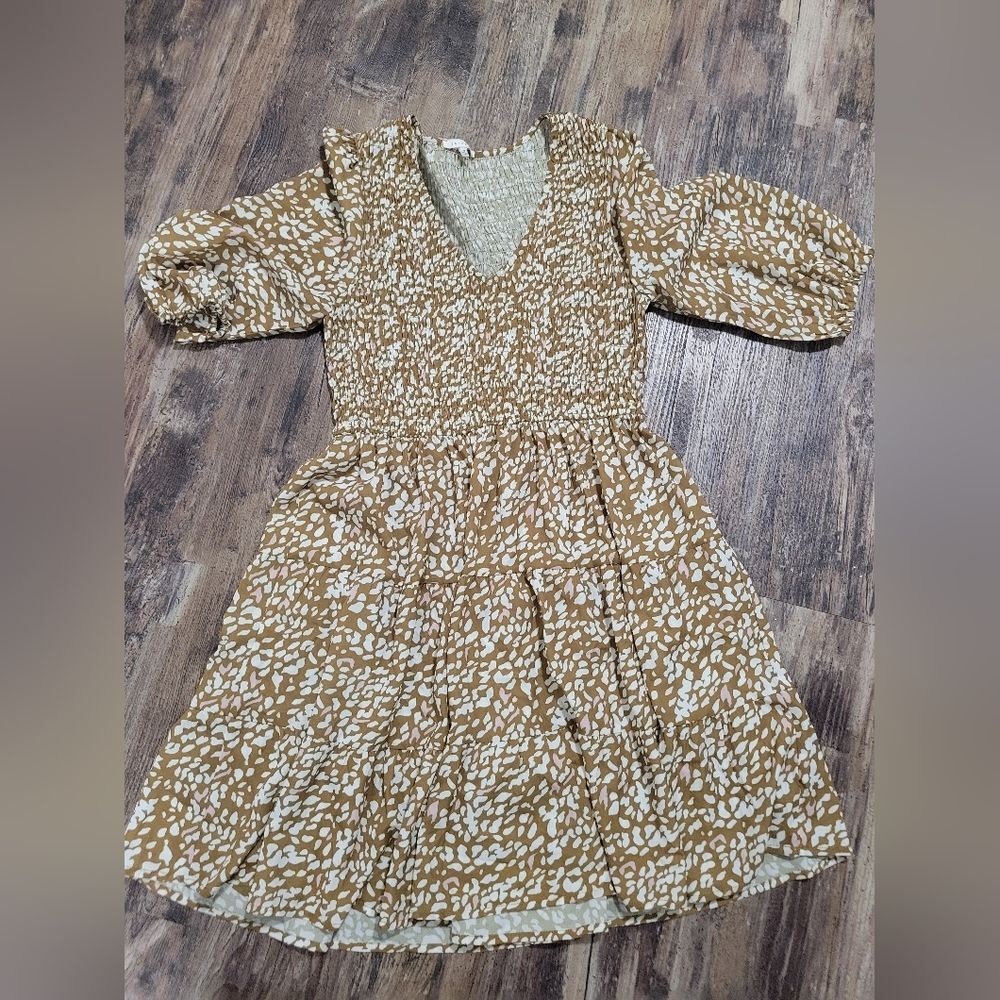 🍂 Baevely Dijon Floral Smocked Bodice V-Neck Long Sleeve Mini Dress Size M